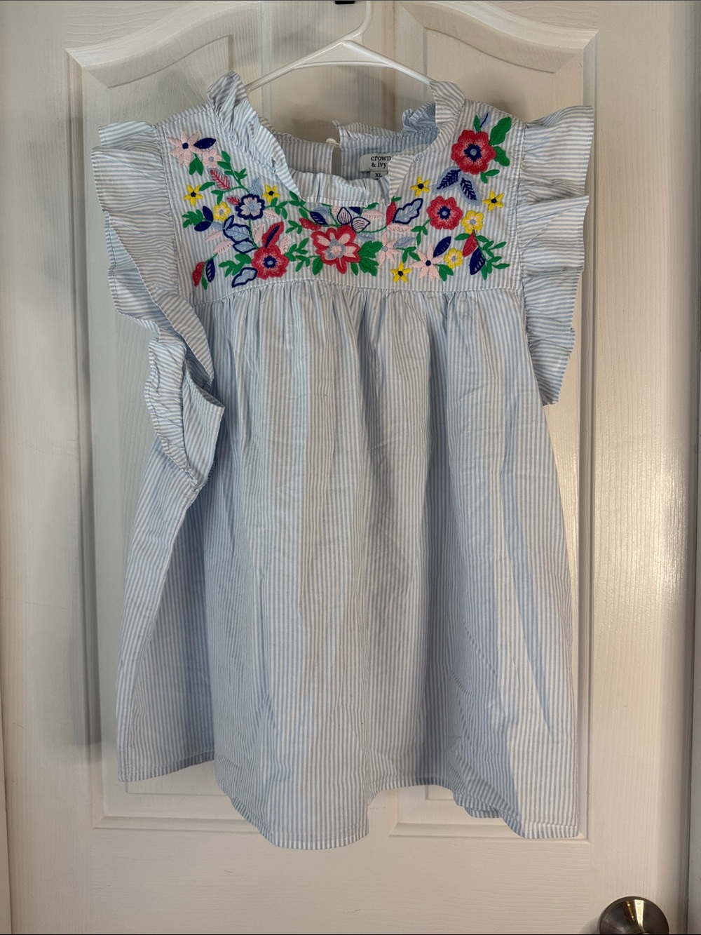 crown & ivy Light Blue Stripe Dress with Bright Floral Embroidery